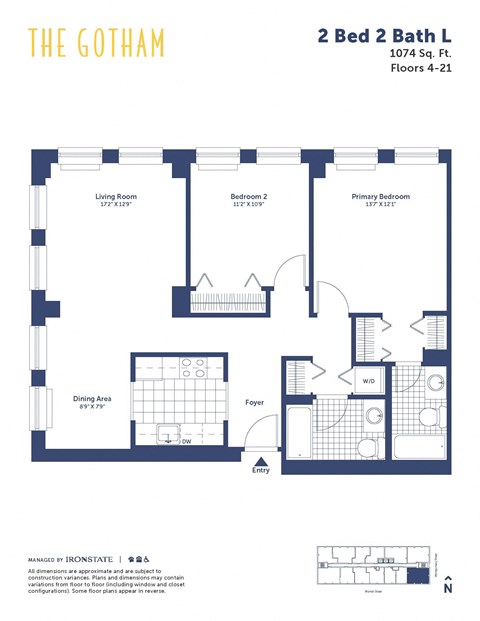 Floor plan for 2 beds, 2 baths, 1074 sqft